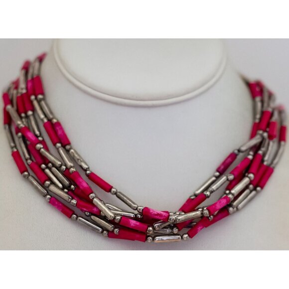 25 inch, Vintage Fuchsia Beads Silver Tone Multi-Strand Necklace - X26 - Picture 2 of 3